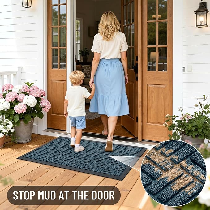 OLANLY Front Door Mat Outside Entrance 35x23, Absorbent, Heavy Duty Sturdy Natural Rubber Doormat Indoor Outdoor, Non-Slip, Stain and Fade Resistant, Low Profile Floor Mat for Entryway, Lake Blue
