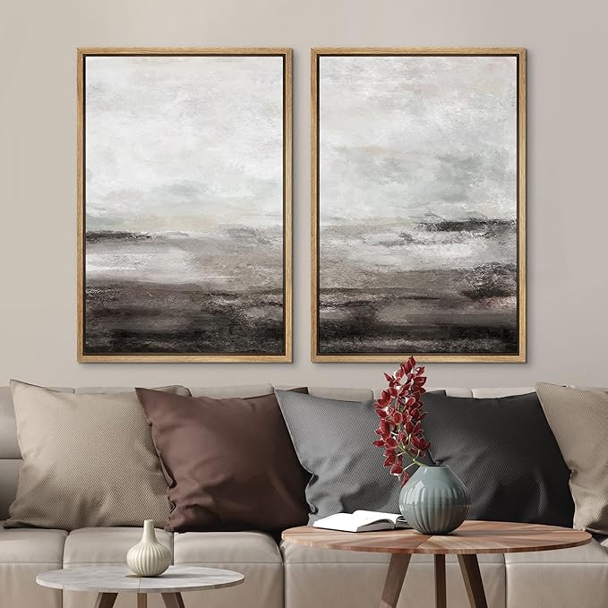 MUDECOR Framed Wall Art Print Set Brown and Gray Grunge Paint Stroke Landscape Abstract Shapes Illustrations Modern Minimalist Chic Relax/Calm for Living Room, Bedroom, Office - 24"x36"x2 Natural