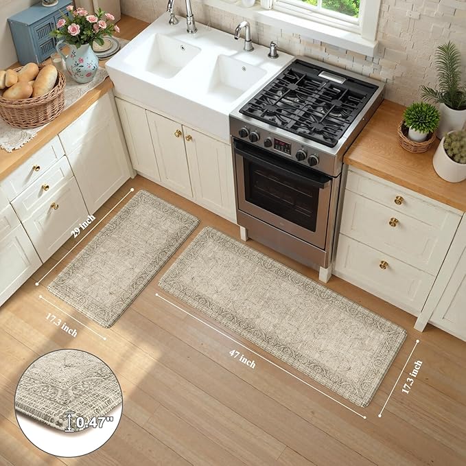 KIMODE Farmhouse Anti Fatigue Kitchen Mat,Vintage Brown Kitchen Rugs Sets of 2,Non Slip Waterproof Kitchen Floor Mats,Ergonomic Cushioned Comfort Standing Mat for Laundry,Office, Sink,Desk