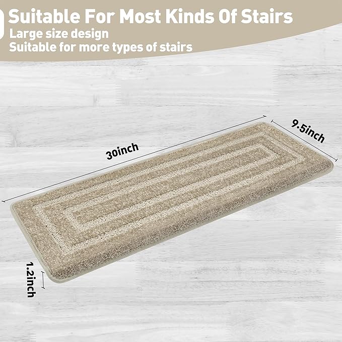 PURE ERA Bullnose Carpet Stair Treads Set Tape Free Non-Slip Indoor Stair Protectors Pet Friendly Rugs 9.5" x 30"(2 Pieces,Cream Gray Rectangular)