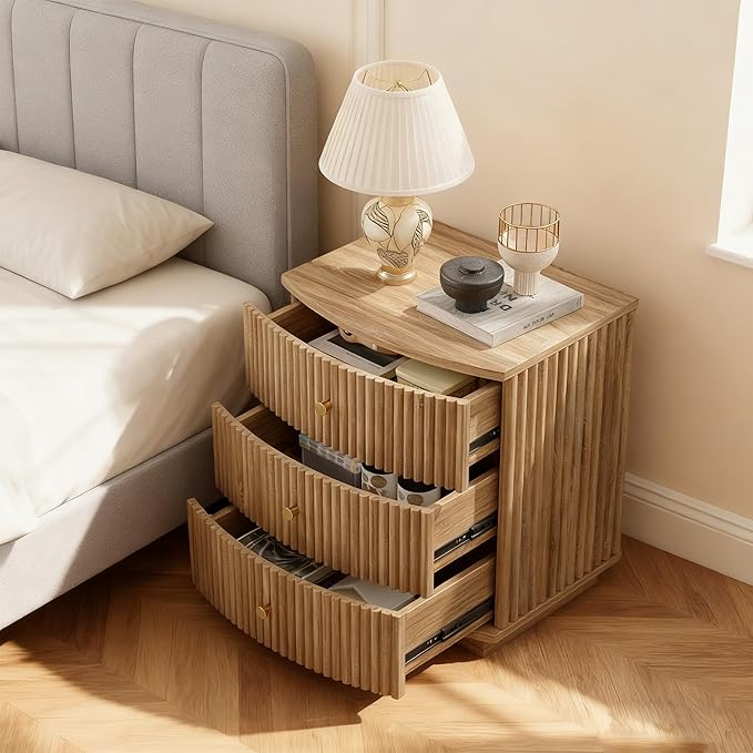 Grooved Wood End Table with 6 Drawers, Curved Edge Storage Side Table, Six Drawer Nightstand Compact Sofa Bedside Table for Bedroom, Living Room and Small Spaces, Natural X2