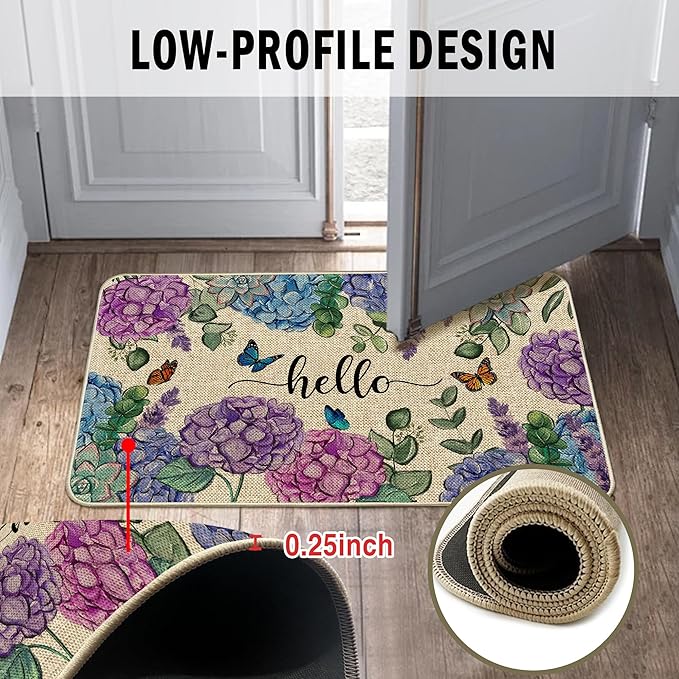 Welcome Spring Door Mat Hydrangea Flowers Floral Doormat Indoor Outdoor Entrance Outdoor Rug Low-Profile Floor Rug Non Slip Spring Summer Decor Rubber Mats for Home Decoration 17x36Inch