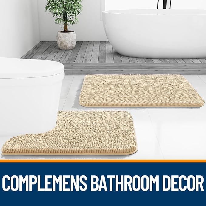 OLANLY Bathroom Rugs Sets 2 Piece, Soft Absorbent Chenille Bath Mats Area Rug Set, Non-Slip, Quick Dry, Machine Washable Bath Mats for Bathroom, Home Decor Accessories (47"x20"+30"x20", Beige)