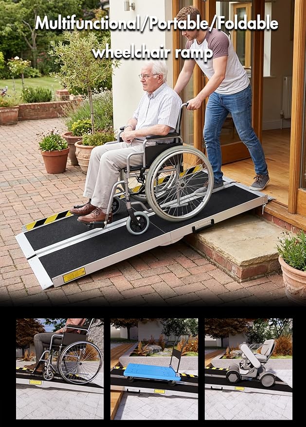 Protable Wheelchair ramp 5FT,Non-Slip Folding Aluminum Handicap Ramps,Threshold Ramps for Home,Holds up to 600lbs,Wheelchair ramp for Steps,Stairs,Doorways (5FT Useing Height 5-15inch)