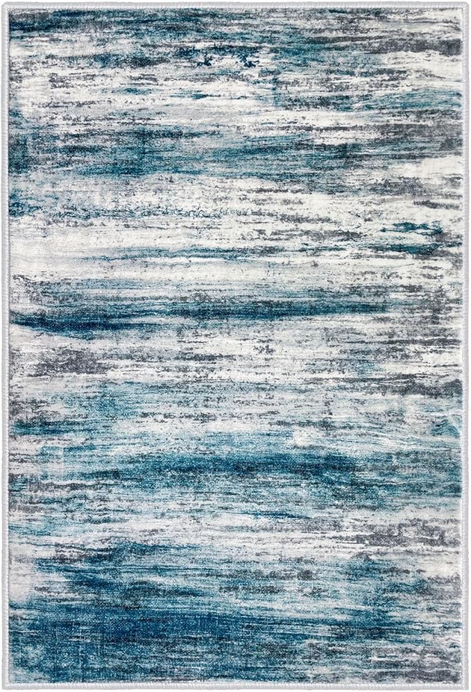 KOZYFLY Area Rug 9x12 Modern Ombre Living Room Rug, Washable Large Thin Rugs Non-Slip Soft Striped Rug for Bedroom, Print Blue Abstract Carpet for Laundry/Kid Room