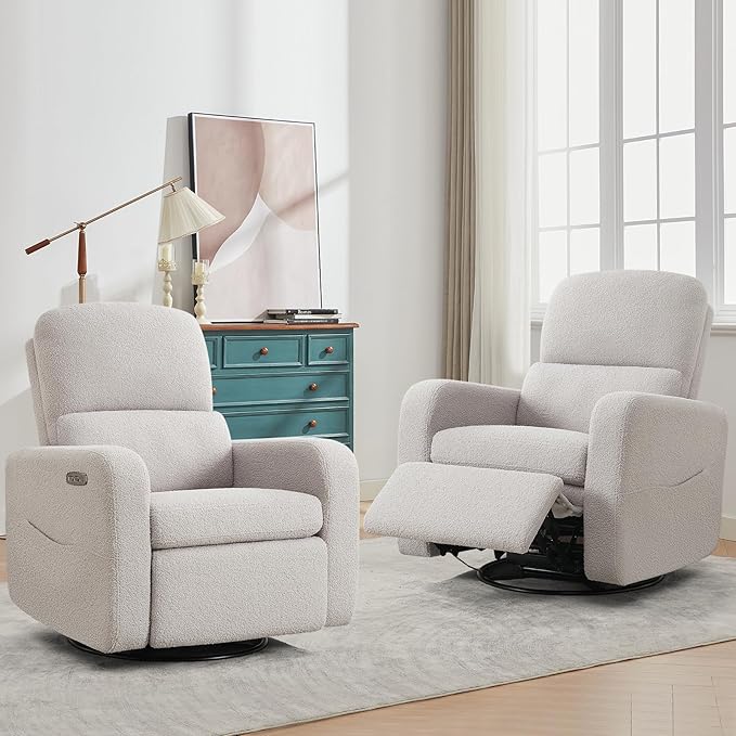 Swivel Rocker Recliner, Power Recliner Glider with Removable Cushion, Oversized Upholstered Boucle Swivel Reclining Nursery Chairs for Living Room Bedroom, Teddy Grey
