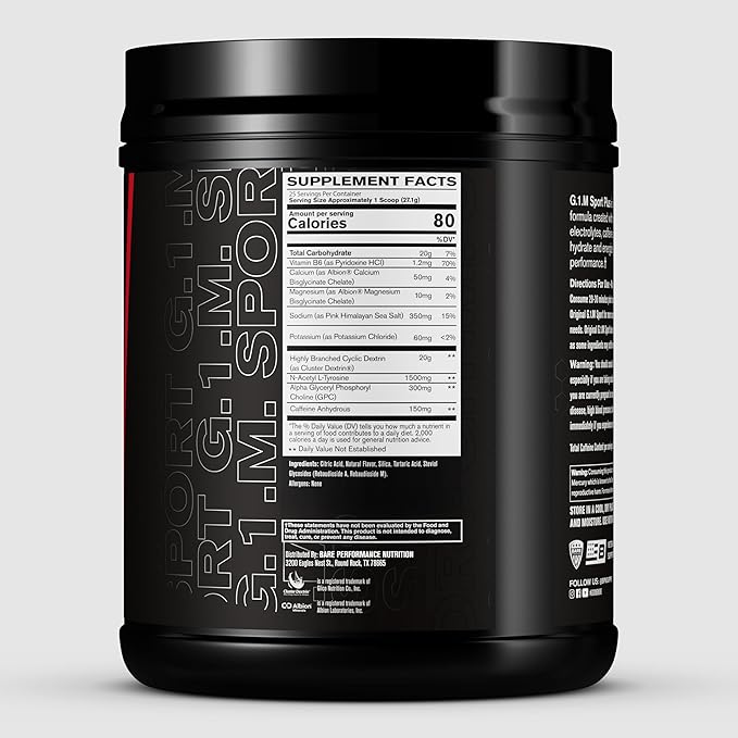 BARE PERFORMANCE NUTRITION G.1.M Sport+ Endurance Pre-Workout – Lemon Lime | 25 Servings | 20g Carbs, 350mg Sodium, 150mg Caffeine | Electrolytes, Nootropics & Cluster Dextrin® for Energy & Focus