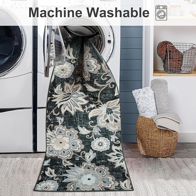 Beeiva Floral Hallway Rug Ruuner, Vintage Black 2.5x12 Kitchen Rugs Non Slip Washable Ultra Thin, No Shedding Printed Distressed Long Kitchen Runner Rug for Bedroom Bathroom
