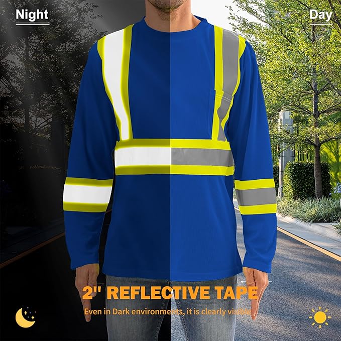 Hi Vis Safety Long Sleeve Shirts，High Visibility Class 3 T Shirts with Reflective Strips and Pocket, Quick Dry Mesh Construction Work Shirt for Men/Women (Blue,3XL)