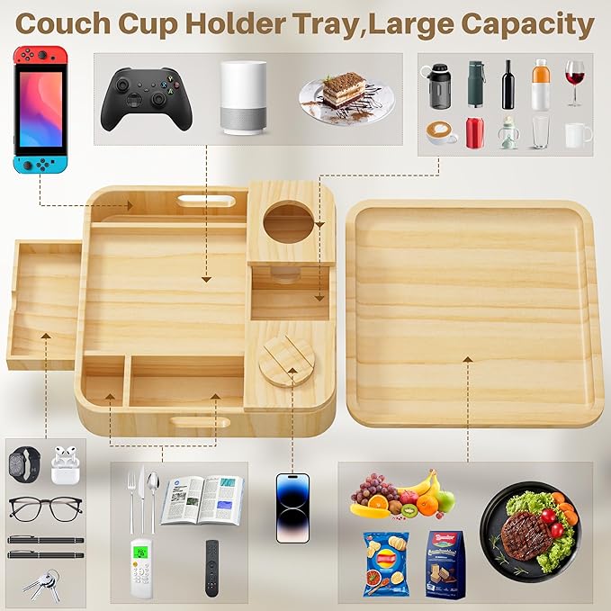 Couch Cup Holder, Couch Caddy Car Cup Holder Tray Serving Tray Large Capacity Multi-Surface Wooden Trays for Bed, Car, Picnic, Drinks, Snacks, Remote, Cell Phone, Headphones (Solid Pine Wood)
