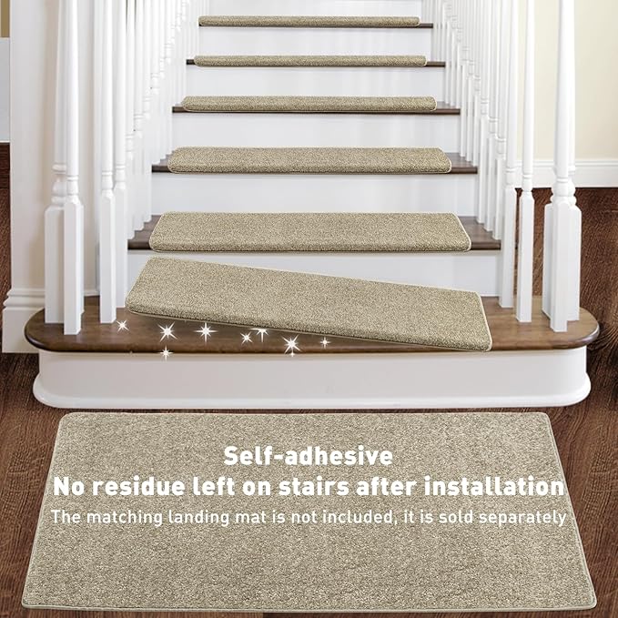 PURE ERA Bullnose Carpet Stair Treads Set Tape Free Non-Slip Indoor Stair Protectors Pet Friendly Rugs Covers Soft Skid Resistant Washable Reusable 9.5" x 30"(2 Pieces,Cream Gray)