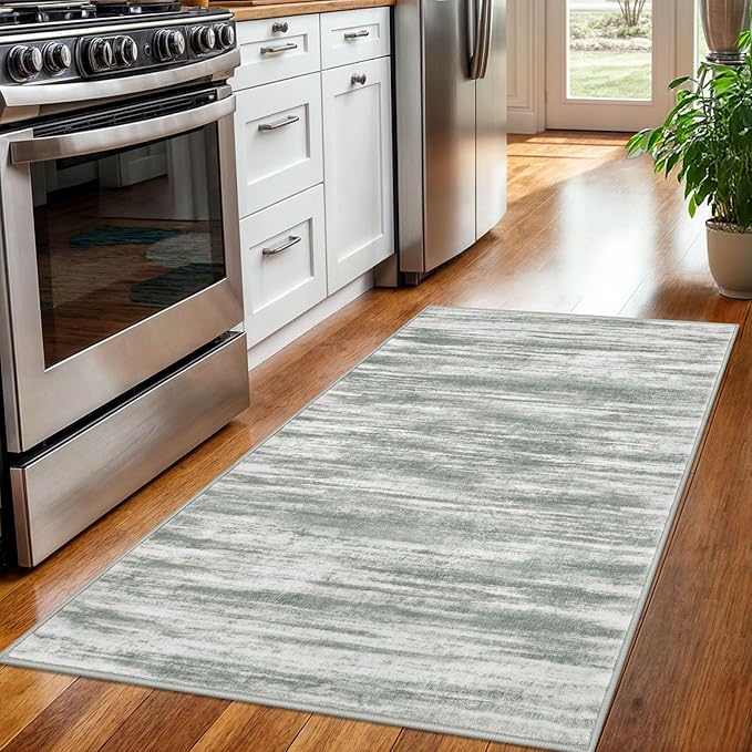 KOZYFLY Modern Abstract 3x5 Area Rug Washable Bedroom Rug Grey Green, Large Throw Entry Mat Non-Slip Stain Resistant Carpet Dining Room Rug with Soft Low Pile for Living Room Kitchen Bath Office