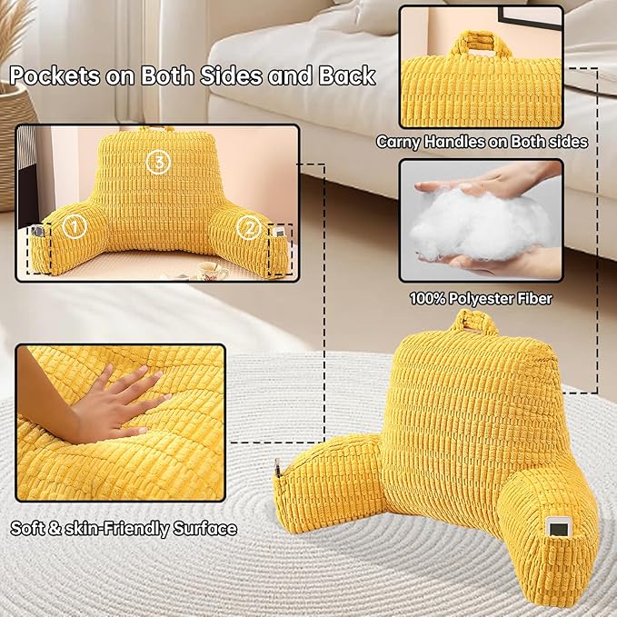 Reading Pillow for Sitting in Bed, Large Backrest Reading Pillow with Arm Rest,Back-Rest Support Cushion for Sit Up on Couch, Sofa, and Floor, Dorm Essentials (Yellow Corduroy, Standard(17"))