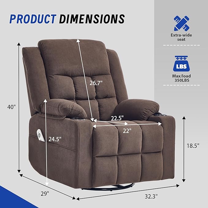 Swivel Recliner Chair for Adults with Massage and Heat,Manual Glider Rocking Recliner Chair with Cup Holds and Pockets,Reclining Rocker Chairs for Living Room R8811(Cocoa)