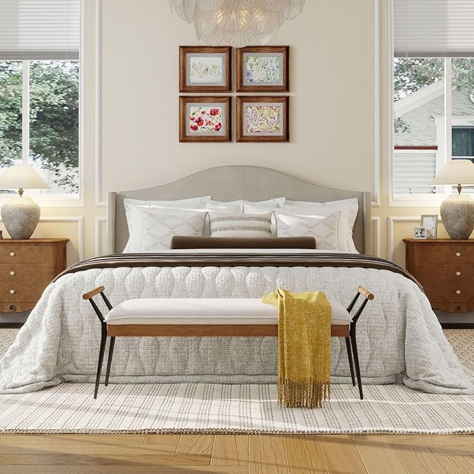 LukeAlon Modern Chenille Entryway Bench, Upholstered End of Bed Bench with Arms Classic Bedroom Ottoman Bench with Metal Legs Elegant Footstool for Entrance Living Room, White