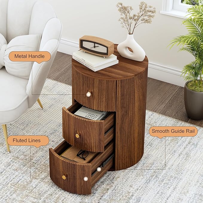 End Table with Charging Station for Couch,Mid-Century Modern Narrow Sofa Side Table with Drawer for Living Room,Small Bed Side Table for Bedroom (Walnut-Round, 1 PC)