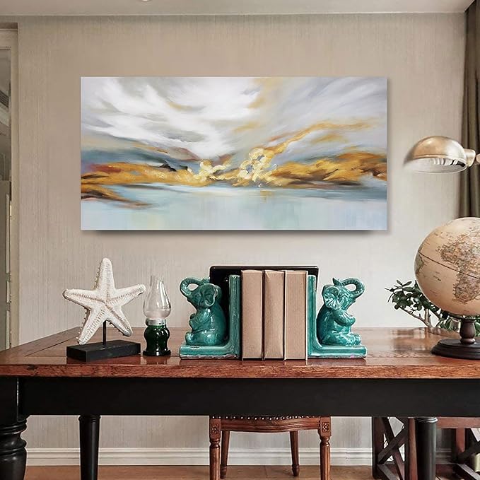 Glvzygy Modern Abstract Wall Art Wall Decorations Greyish White Gold and Blue Abstract Wall Art Canvas Abstract Wall Art for Living Room Bedroom Dining Room Home Office Decor 24"x48"