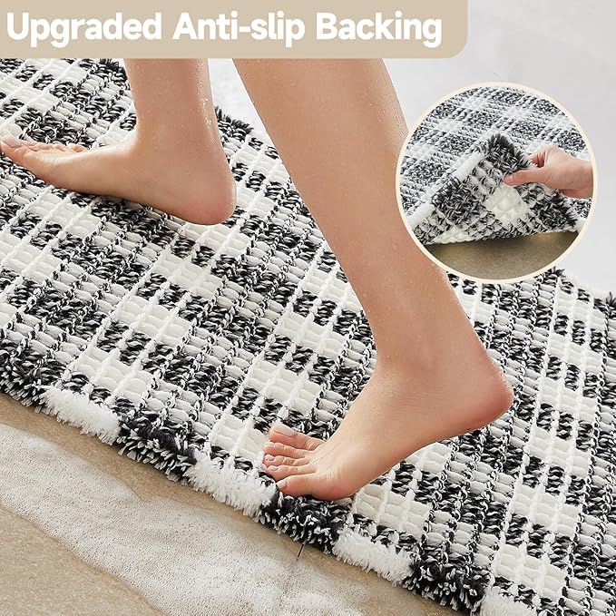 Waffle Bath Mat, Boho Bathroom Rugs Non Slip Washable Absorbent Checkered Bathroom Mat Quick Dry Farmhouse Bathroom Decor, 48"x24" Black and White