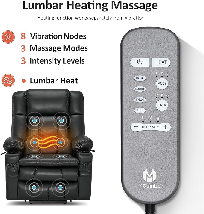 MCombo Dual Motor Large Power Lift Recliner Chair for Elderly, Lay Flat Lift Chair with Heat and Massage, Big Lift Recliner for Tall People, Faux Leather 7896 (Black, Large)