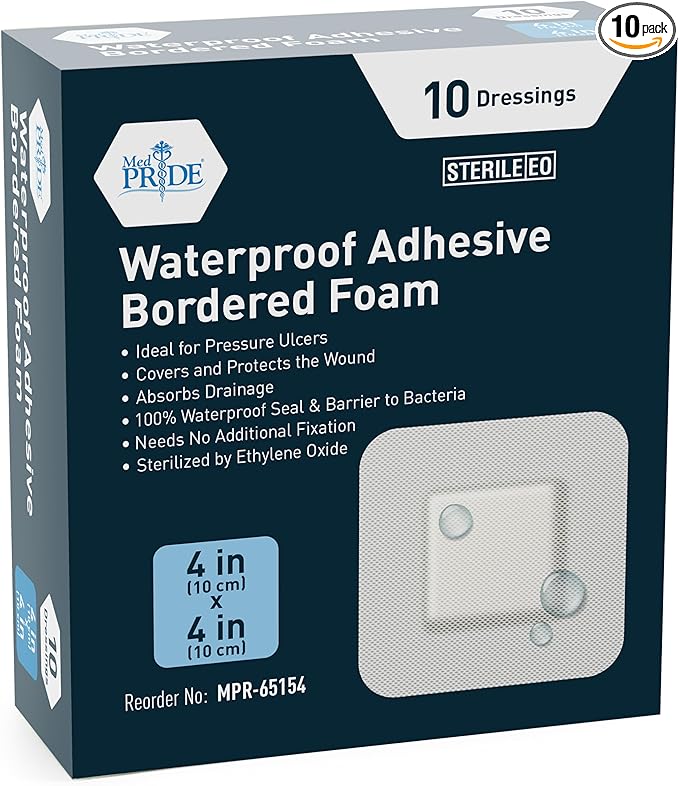 MED PRIDE Sterile Waterproof Silicone Foam Dressing with Adhesive Border, Absorbent Bandage, Protects Against Infection (4x4 Inch (Pack of 10))
