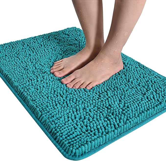 LOCHAS Luxury Bathroom Rug Shaggy Bath Mat 24 x 36 Inch, Washable Non Slip Bath Rugs for Bathroom Shower, Soft Plush Chenille Absorbent Carpets Mats, Teal Blue