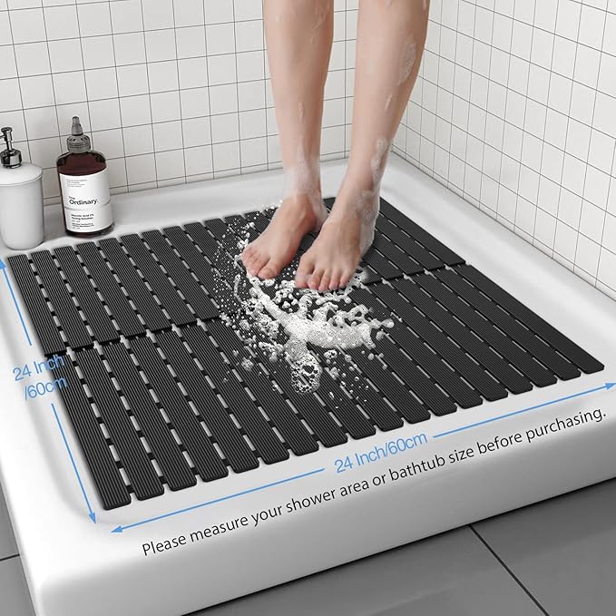 Shower Mat Non-Slip Bath Mat for Tub and Shower Stall,200+ Suction Cups with Drain Holes, Quick Dry Machine Washable, Extra Grip for Stand Up Showers, Bathroom Essentials 24x24 Inch(Black)