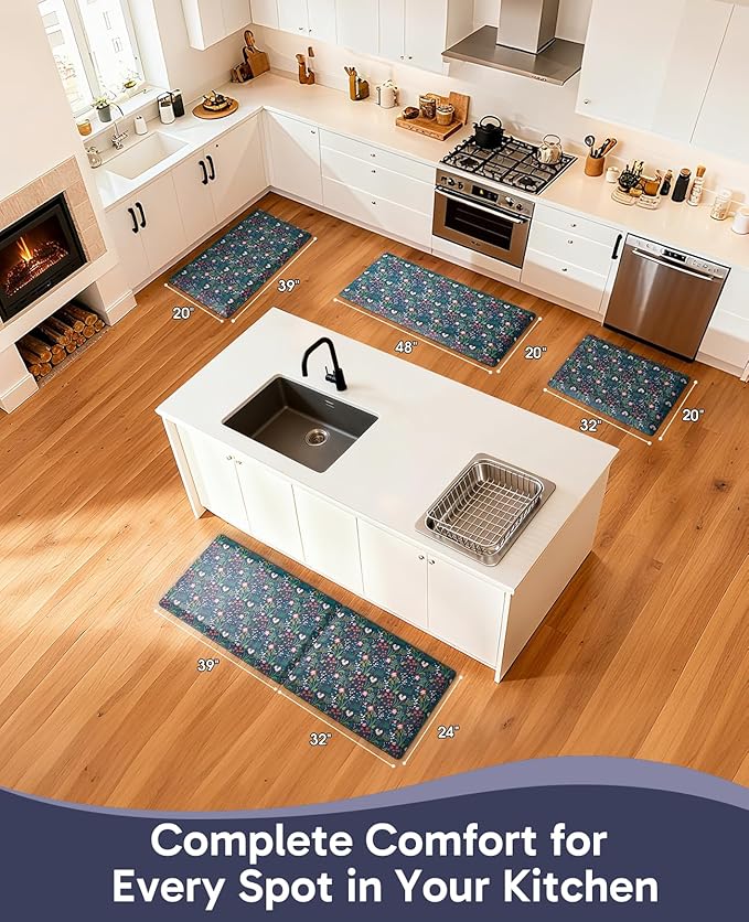 Ophanie Kitchen Mats for Floor, 3/4 inch Thick, 20x39 Anti Fatigue Cushioned Mat, Kitchen Rugs, Waterproof, Comfort Ergonomic Standing Mat for Office, Home, Sink, Blue Flower Non-Slip Ridged Bottom