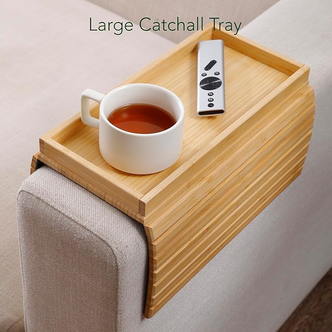 DETOR Couch Tray with Spacious 12.4" x 5.4" Storage Box, Natrual Bamboo Finish, Enhanced Non-Slip Felt Bottom, Sturdy Bamboo Slats, Fits Armrests 6" and Wider
