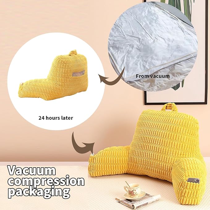 Reading Pillow for Sitting in Bed, Large Backrest Reading Pillow with Arm Rest,Back-Rest Support Cushion for Sit Up on Couch, Sofa, and Floor, Dorm Essentials (Yellow Corduroy, Standard(17"))