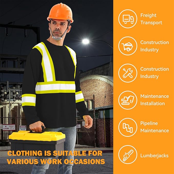 Hi Vis Safety Long Sleeve Shirts，High Visibility Class 3 T Shirts with Reflective Strips and Pocket, Quick Dry Mesh Construction Work Shirt for Men/Women (Black,M)