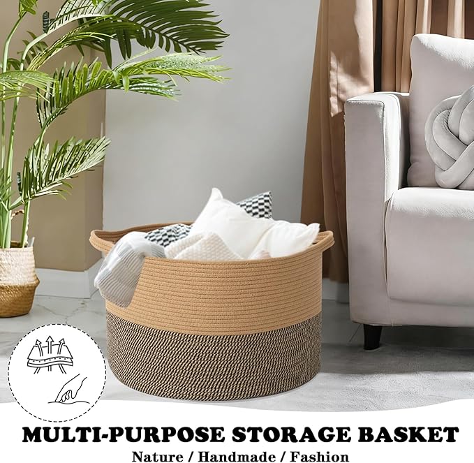 Large Storage Basket with Handle,19.7" L x 19.7" W x 13" H Blanket Basket Storage Bins for Organizing,65L Cotton Rope Woven Baskets for Living Room, Nursery ,Bedroom,Jute&Black