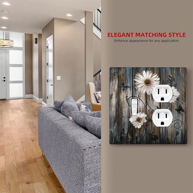Rustic Wood Background Floral Butterfly Daisy Wallplates 1 Toggle 1 Duplex Switch Plate Electrical GFCI Faceplate Decorative Light Switch Covers for Farmhouse Bedroom Decor
