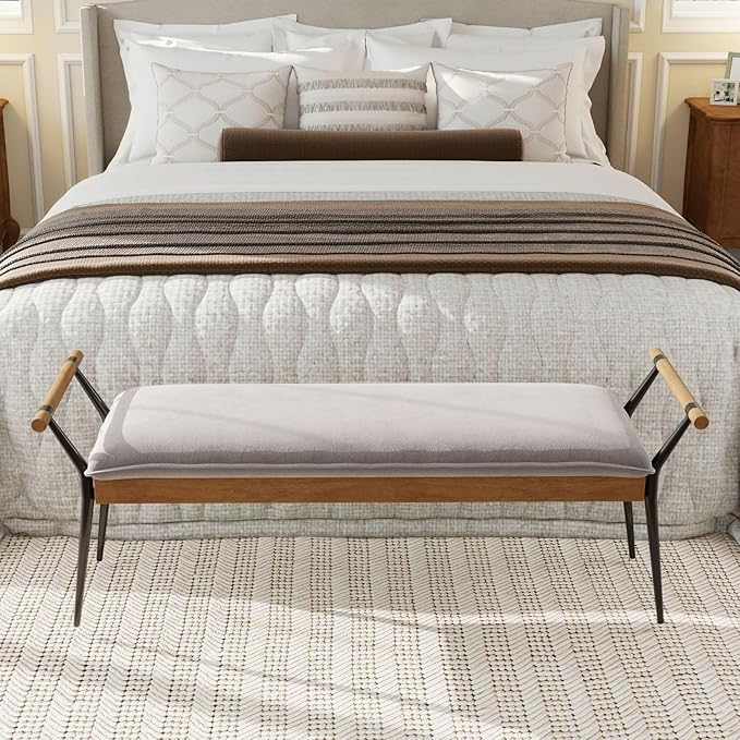 LukeAlon Modern Chenille Entryway Bench, Upholstered End of Bed Bench with Arms Classic Bedroom Ottoman Bench with Metal Legs Elegant Footstool for Entrance Living Room, Grey