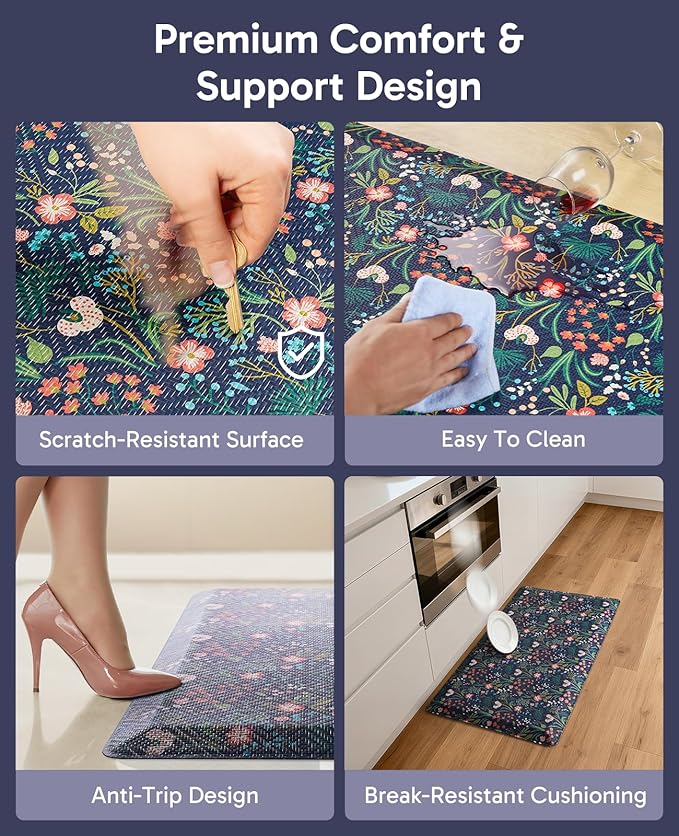 Ophanie Kitchen Mats for Floor, 3/4 inch Thick, 20x48 Anti Fatigue Cushioned Mat, Kitchen Rugs, Waterproof, Comfort Ergonomic Standing Mat for Office, Home, Sink, Blue Flower Non-Slip Ridged Bottom