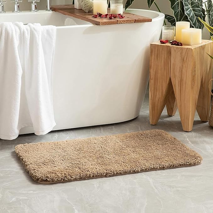 MIULEE Extra Thick Non Slip Bathroom Rug Shaggy Soft Bath Mat Plush Microfiber Absorbent Water for Shower Tub Machine Washable (Light Brown, 16x48 Inches)