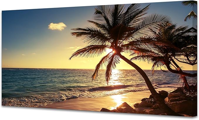 Muolunna S04975 Wall Art Decor Large Canvas Print Picture Sunset Ocean Beach Waves 1 Panel Coconut tree Scenery Painting Artwork for Office Home Decoration Stretched and Framed Ready to Hang XLarge