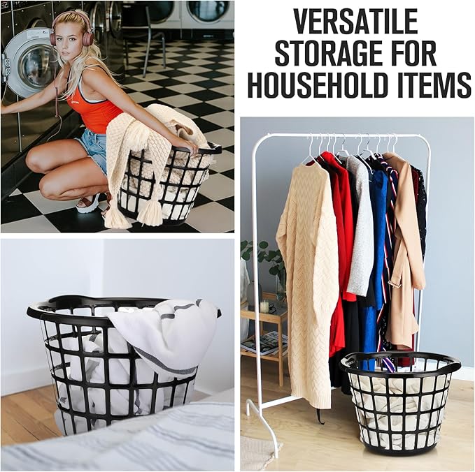 Uiifan 8 Pcs Black Lightweight Laundry Baskets Plastic Large Round Bushel Baskets Capacity Plastic Clothes Basket Space Saving Narrow Laundry Hampers