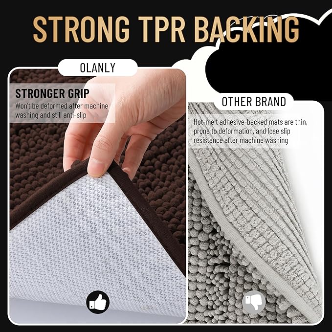 OLANLY Thick Bathroom Rugs 70x24, Extra Soft Absorbent Chenille Striped Bath Rugs, Rubber Backing, Machine Wash Dry, Bath Mats for Bathroom Floor, Tub and Shower, Home Decor Accessories, Brown