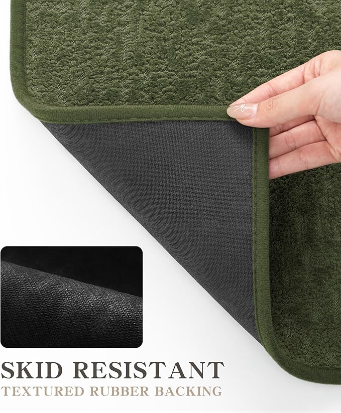Chakme 3 Piece Bathroom Rug Sets, Ultra Thin Bath Mat, Absorbent & Quick Drying, Non Slip, Durable, Easy to Clean, Geometric, Dark Green, 17" x 24" / 17" x 30" / 17" x 59"