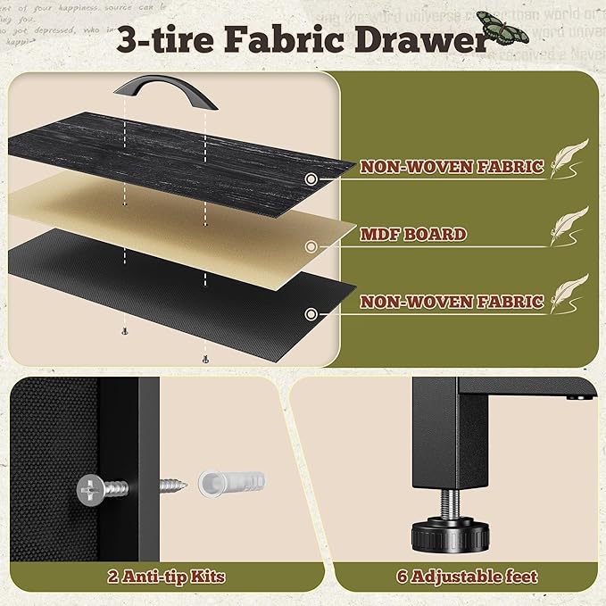 55" W Dresser for Bedroom with 9 Drawers, LED TV Stand with Power Outlets for 45, 55, 65 Inch TV, Sturdy Long Chest of Drawers with Extra 2 Wooden Shelves, Grain Black