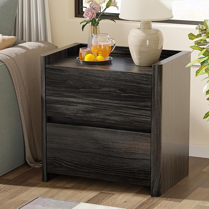 Nightstand with 2 Storage Drawer, Modern End Table for Bedroom with Cut-Out Handle, Large Night Stands for Bedroom, Home Office, Set of 2, Dark Grey