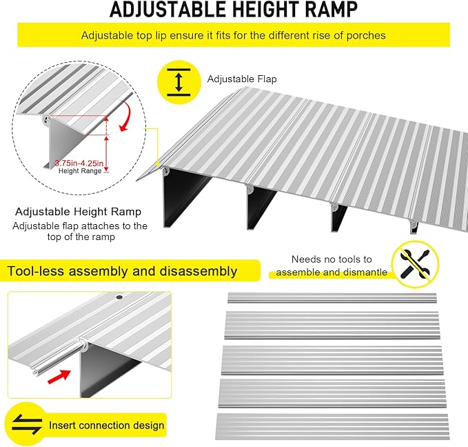 Door Threshold Ramp 4" Rise Door Ramp Aluminum Entry Ramp or Doorways Rated 800 lbs Load Capacity forWheelchair Scooters Power Chairs Walkers