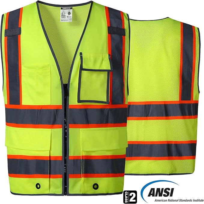 SKSAFETY 10 Pockets Safety Vest, Class 2 High Visibility Security with Zipper Back Mesh, Hi Vis Vest with Reflective Strips, ANSI/ISEA Standard, Construction Work Vest for Men ＆ Women （Lime, M）