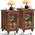 Narrow Side Table with Charging Station Set of 2, Night Stand with Glass Door,Bedside End Tables with Adjustable Shelf Storage Cabinet,Wood Nightstand for Small Spaces Living Room Bedroom