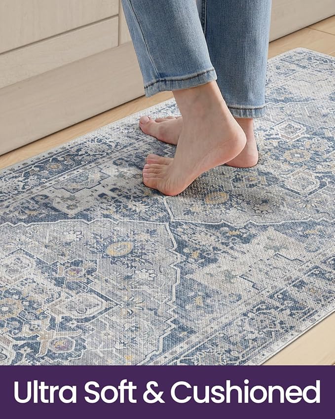 DEXI Kitchen Floor Mats Anti Fatigue, 17x59 Cushioned Vintage Runner Rug Waterproof, Standing Comfort Memory Foam Padded for Front Sink Laundry Office, Light Grey and Blue