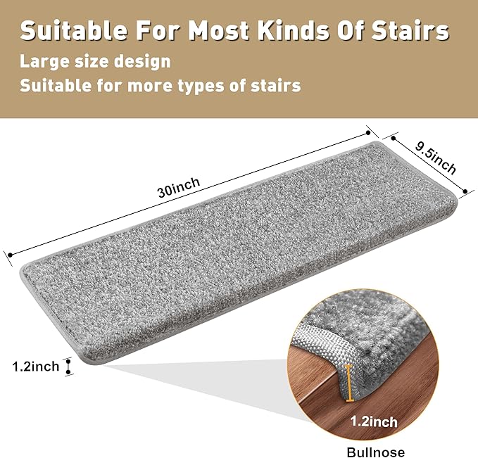 PURE ERA Bullnose Carpet Stair Treads Set Tape Free Non-Slip Indoor Stair Protectors Pet Friendly Rugs Covers Soft Skid Resistant Washable Reusable 9.5" x 30"(2 Pieces,Gray)