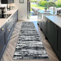 KOZYFLY Modern Abstract Washable Rug Runner 2.6x10 Hallway Rug Runner Non-Slip Soft Kitchen Runner Rugs, Black Navy Blue Grey Striped Carpet for Entryway Bathroom Laundry Room Foyer