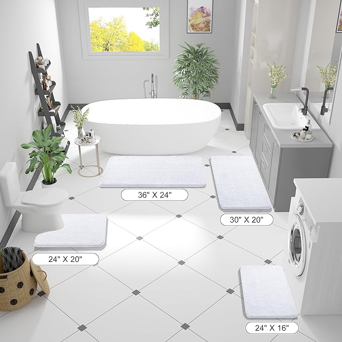 OLANLY Bathroom Rugs 47x24, Extra Soft Absorbent Chenille Bath Rugs, Rubber Backing Quick Dry, Machine Washable Bath Mats for Bathroom Floor, Tub and Shower, Home Decor Accessories, White