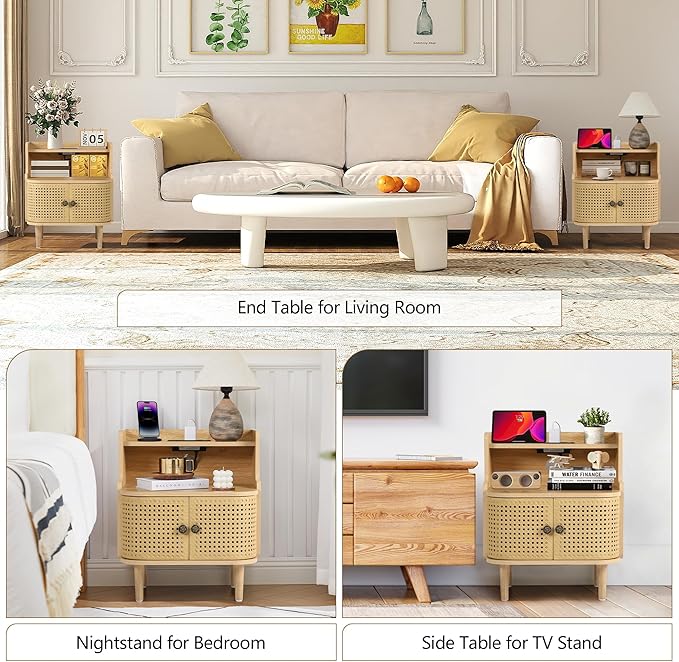 Metal Rattan End Table Set of 2 with Charging Station, Mid Century Modern Nightstand with 2 Doors, Bed Side Table with Storage for Couch,Living Room, Sofa Side Table for Office,Dorm - Natural
