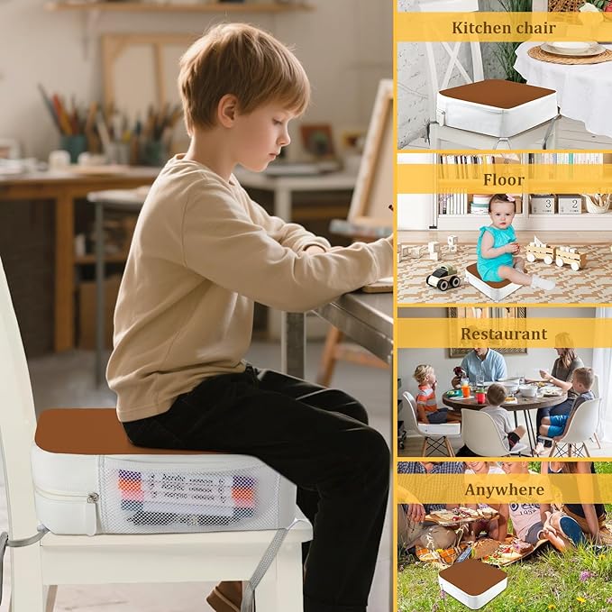 Booster Seat for Kitchen Chair - 4-Point Anchor 3.8" Lift Toddler Booster Seat for Dining Table with Side Pockets, Non-Slip & Portable Dining Cushion for Kids (Brown)